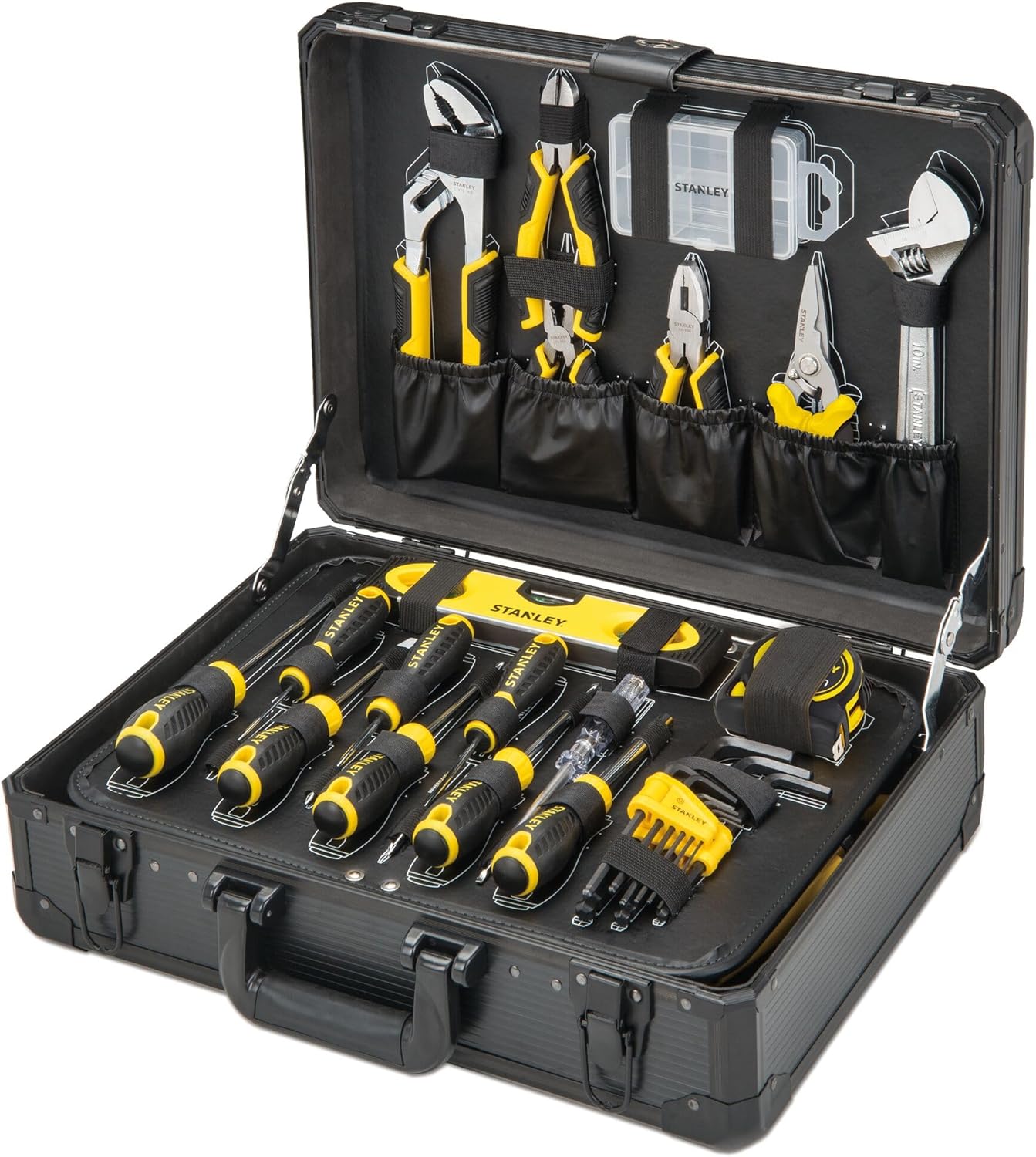 STANLEY Valise de Maintenance 142 Pièces - Pinces et Coupe-Touts, Clé à Molette, Niveau, Mesure, Tournevis, Scie à Métaux, Cutter, Marteau, Outils pour Serrage-Vissage STMT98109-1-Doviaastudio