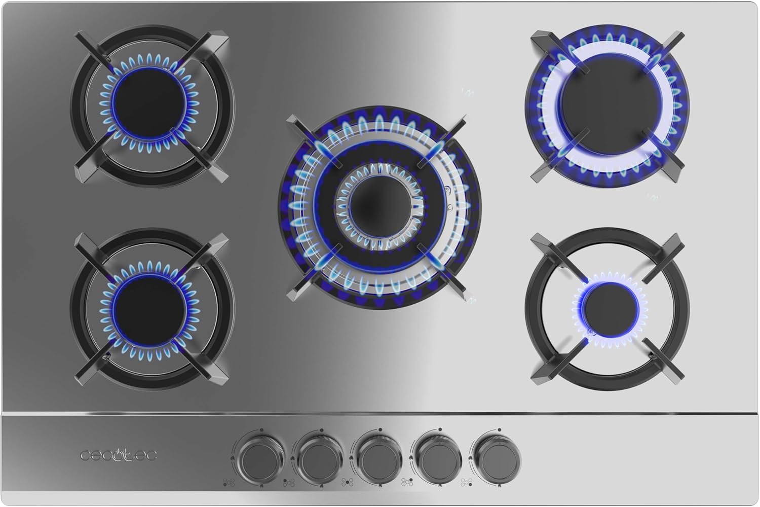 Cecotec Plaque de Gaz Butane et Naturel 5 Feux Bolero Squad G 5200S Inox. 11000 W, Acier Inoxydable, Grilles Individuelles en Fonte, WOK Triple Couronne, Allumage Électrique, Système de Sécurité-Doviaastudio