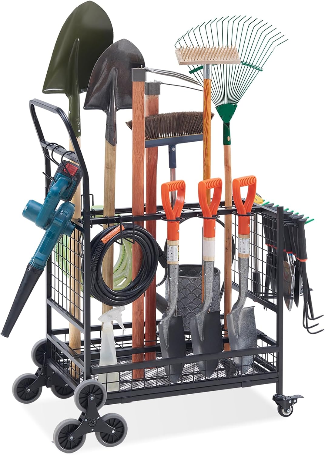 LaurenetHarold Organiseur d'outils de jardin pour garage, cour avec 2 roues d'escalade, support de rangement d'outils de jardin pour garage, cour, pelouse et extérieur, chariot roulant d'outils de-Doviaastudio