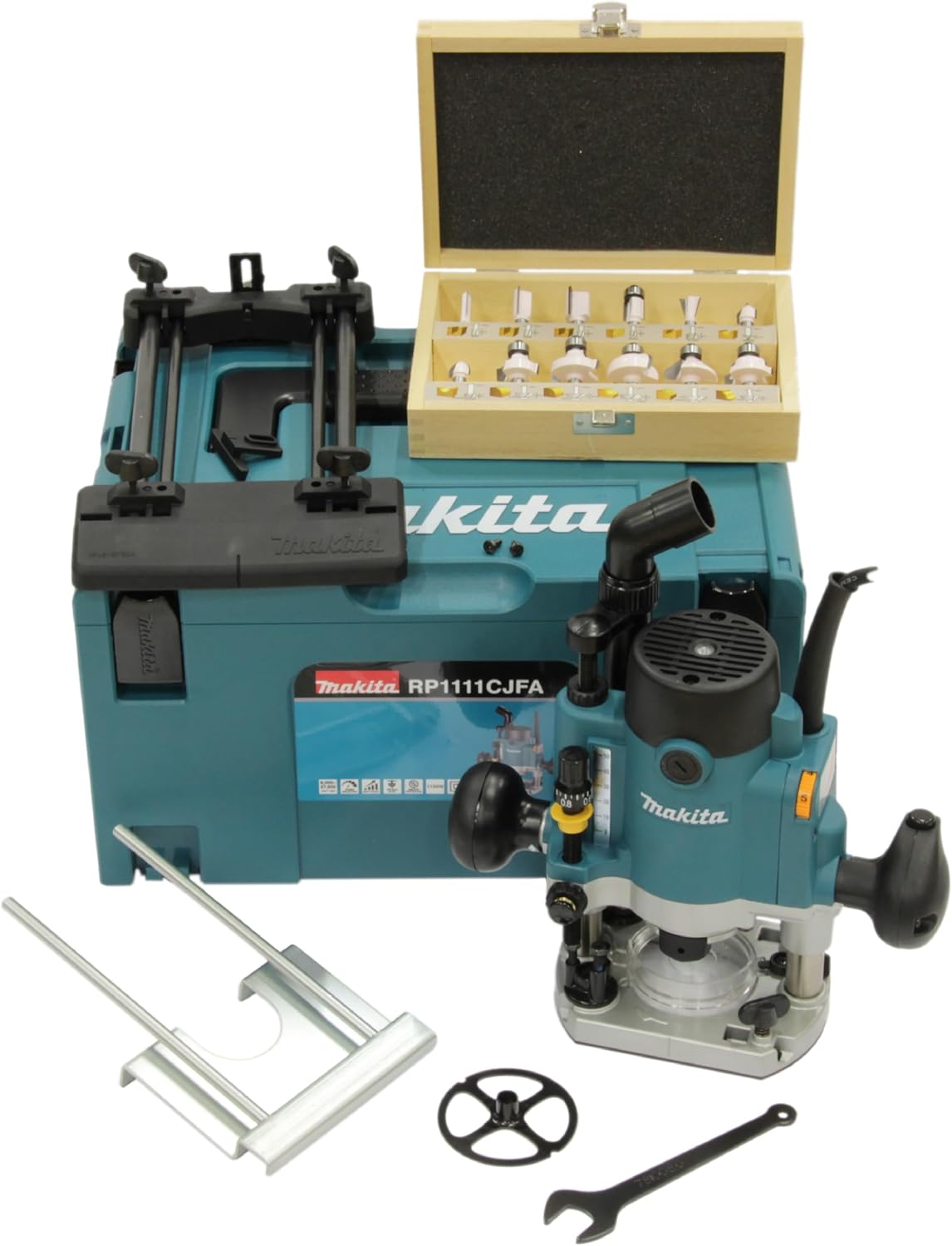Makita RP1111CJFA Défonceuse 1100 W avec kit de 12 fraises D-53556 en coffret Makpac Bleu-Doviaastudio