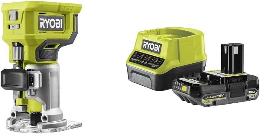 Ryobi - Affleureuse à bois 18V - 30 000 tr/min - Livrée avec 1 pince de 6 mm, 1 mèche de coupe, clé, guide - 1 batterie 2Ah, 1 chargeur rapide et 1 coffret de 5 fraises panachées 6mm-Doviaastudio
