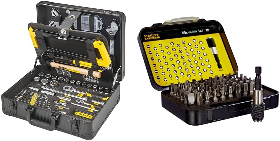 STANLEY Valise de Maintenance - 142 Pièces - Pinces et coupe-touts, clé à molette, niveau et Coffret de 61 Embouts 1/4" 25mm + mallette - Porte Douille Adaptateur 50mm - Porte embout magnétique 60mm-Doviaastudio
