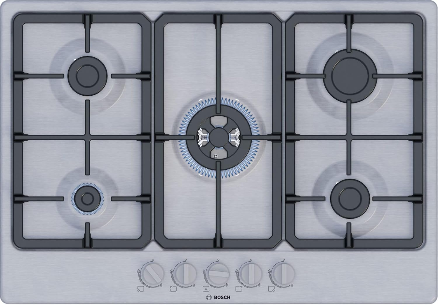 Bosch PGQ7B5K90 Série 4, Cuisinière à gaz, Brûleur WOK: puissance jusqu'à 3.3 kW, grilles en fonte, acier, 75 cm, Inox-Doviaastudio