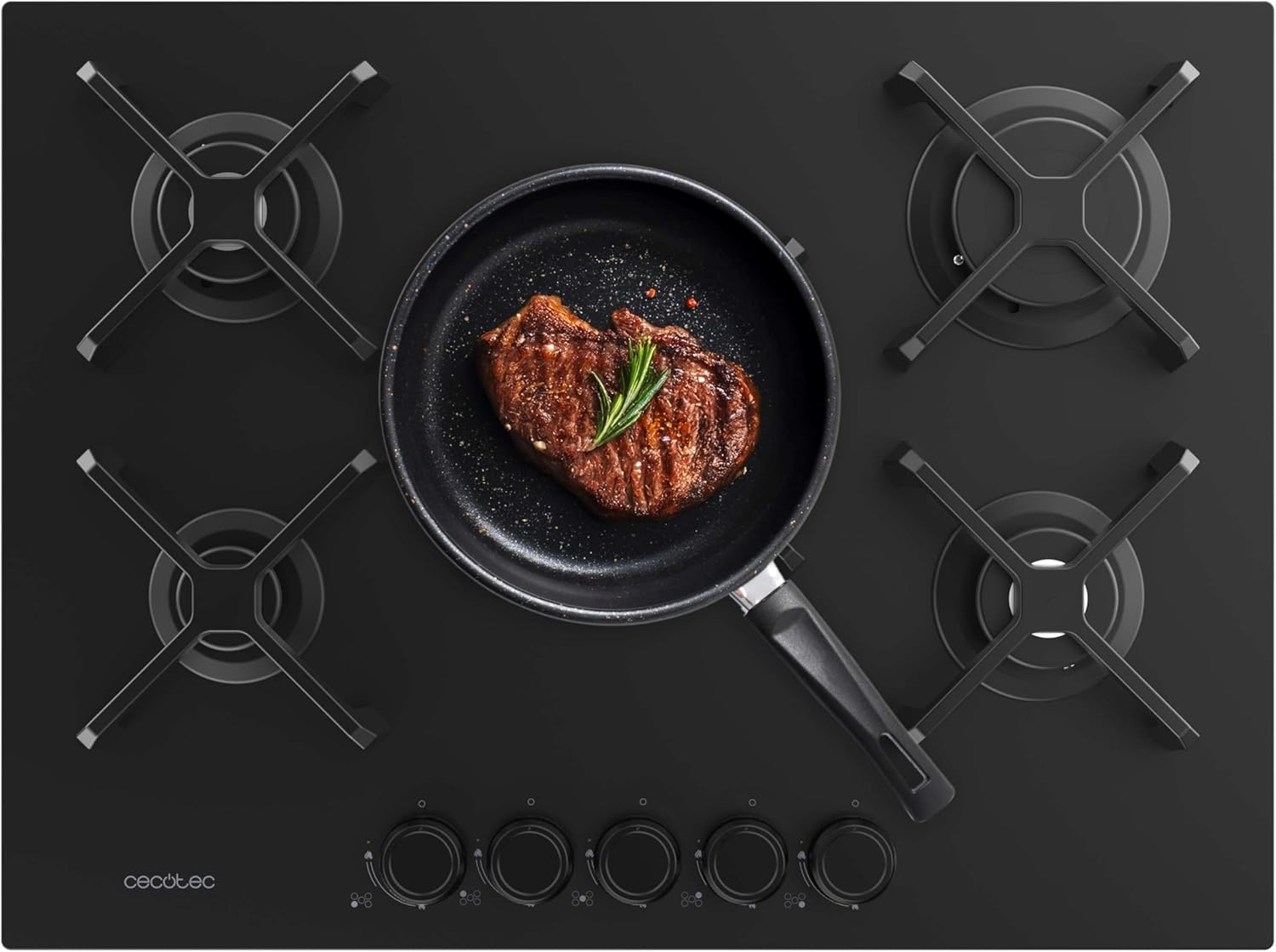 Cecotec Plaque de Cuisson à Gaz Bolero Squad G 5400S Nano Glass avec 5 Foyers, 10,4Kw, Grilles en Fonte, Foyer à Triple Anneau, Allumage Électronique, Système de Sécurité des Valves, Conversion au Gaz-Doviaastudio