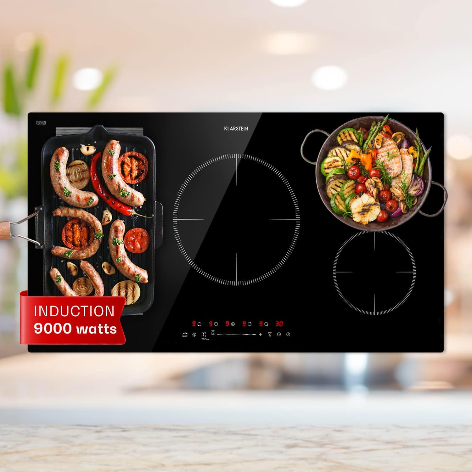Klarstein Plaque Induction 9000W, Plaque de Cuisson Électrique Encastrable à 5 Feux avec Contrôle Tactile, Fonction Boost, Sécurité Enfant, et Design Élégant pour Cuisine Moderne-Doviaastudio