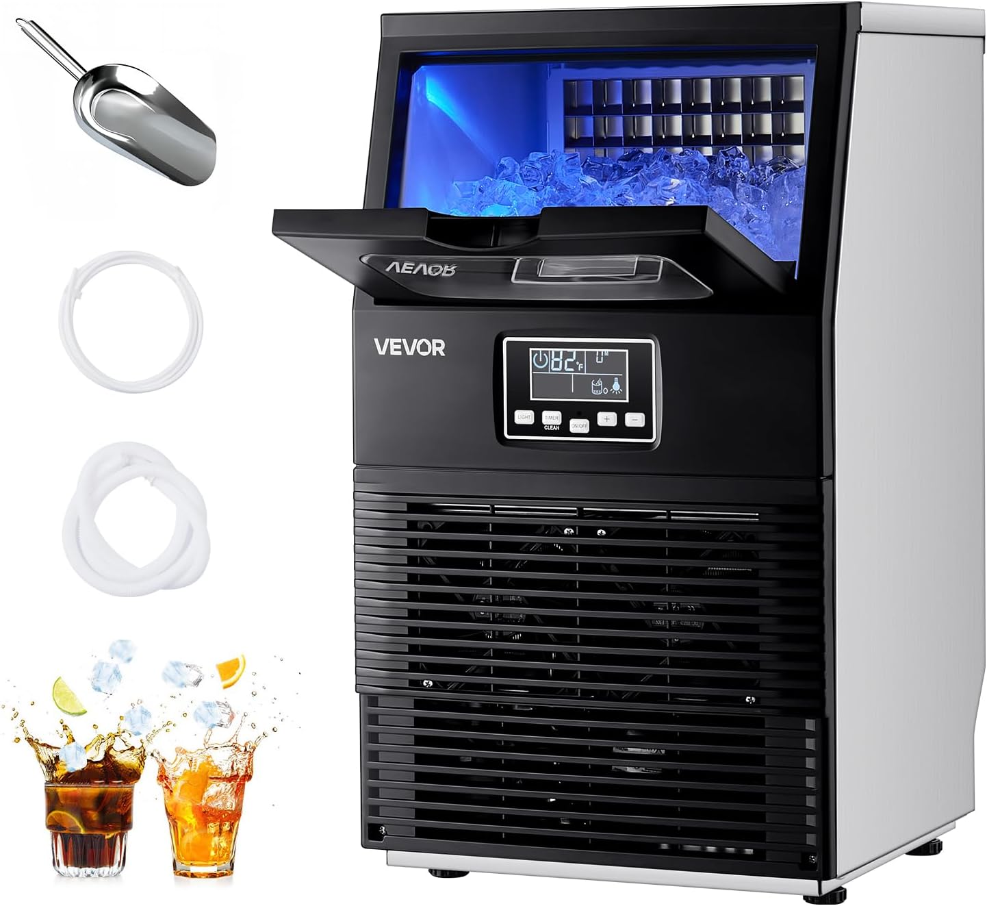 VEVOR Machine à Glaçons Commerciale 36 kg/24 h, Appareil de Préparation de Glaçons avec Capacité de Stockage de 5 kg, 32 Cubes par Cycle, avec Écran LED et Nettoyage Automatique, Restaurant Bar-Doviaastudio