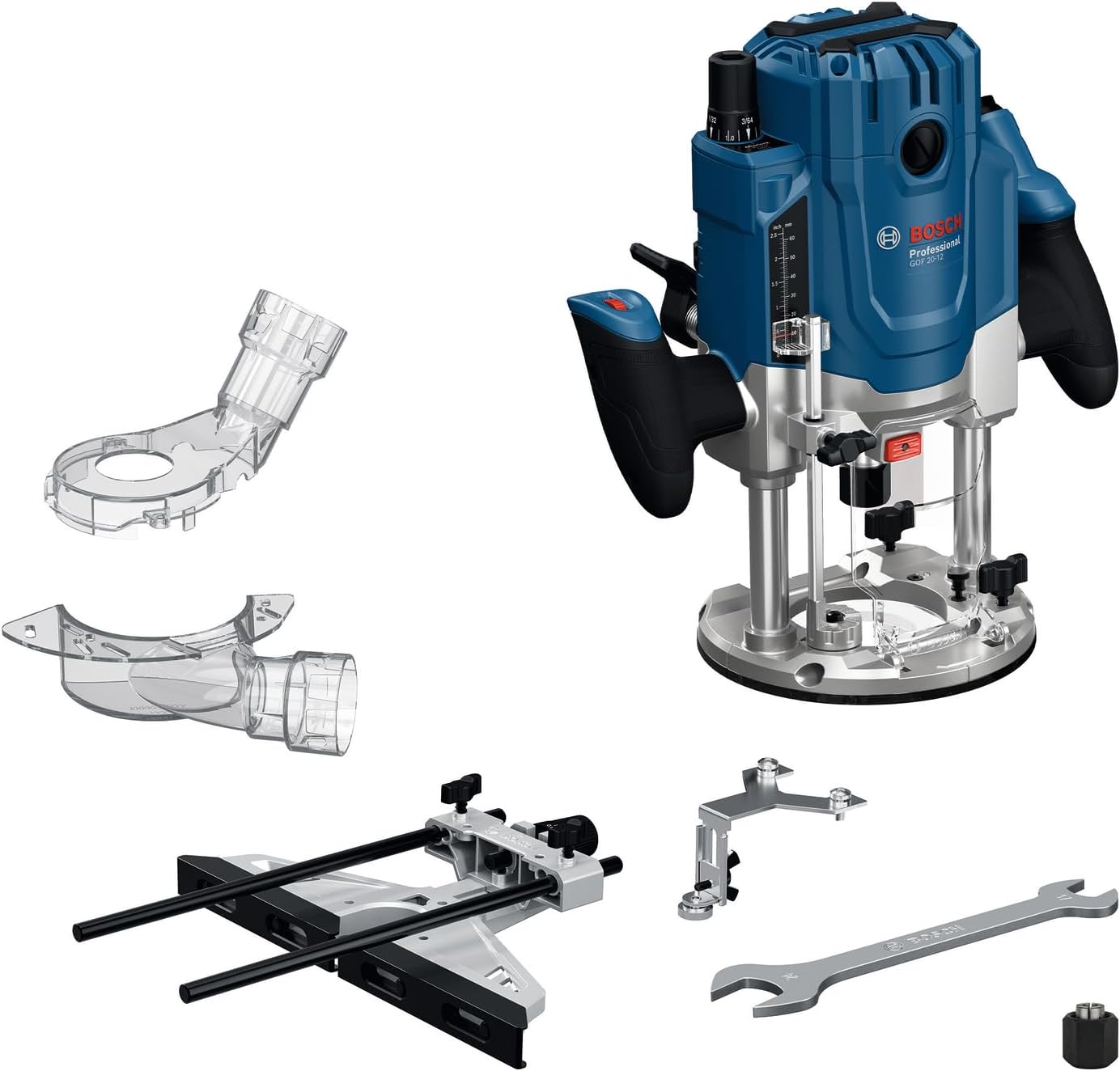 Bosch Professional défonceuse filaire GOF 20-12 puissance d'entrée 2 000 W, avec raccord d'aspiration, guide coulissant et butée parallèle, broche de centrage, clé à douille, pince de serrage-Doviaastudio