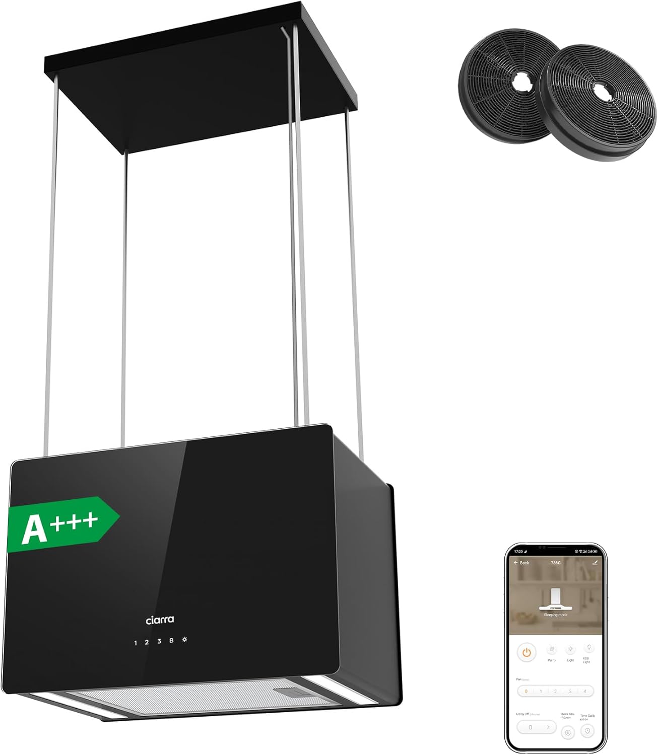 Ciarra Hotte îlot Centrale A+++ 700m 3/ h 48cm - Hotte Aspirante 4 Vitesses - WiFietAPP - Filtre à Charbon Inclus - 2 Niveaux de Luminosité LED - Hotte Suspendue Recyclage - CBCB4850-Doviaastudio