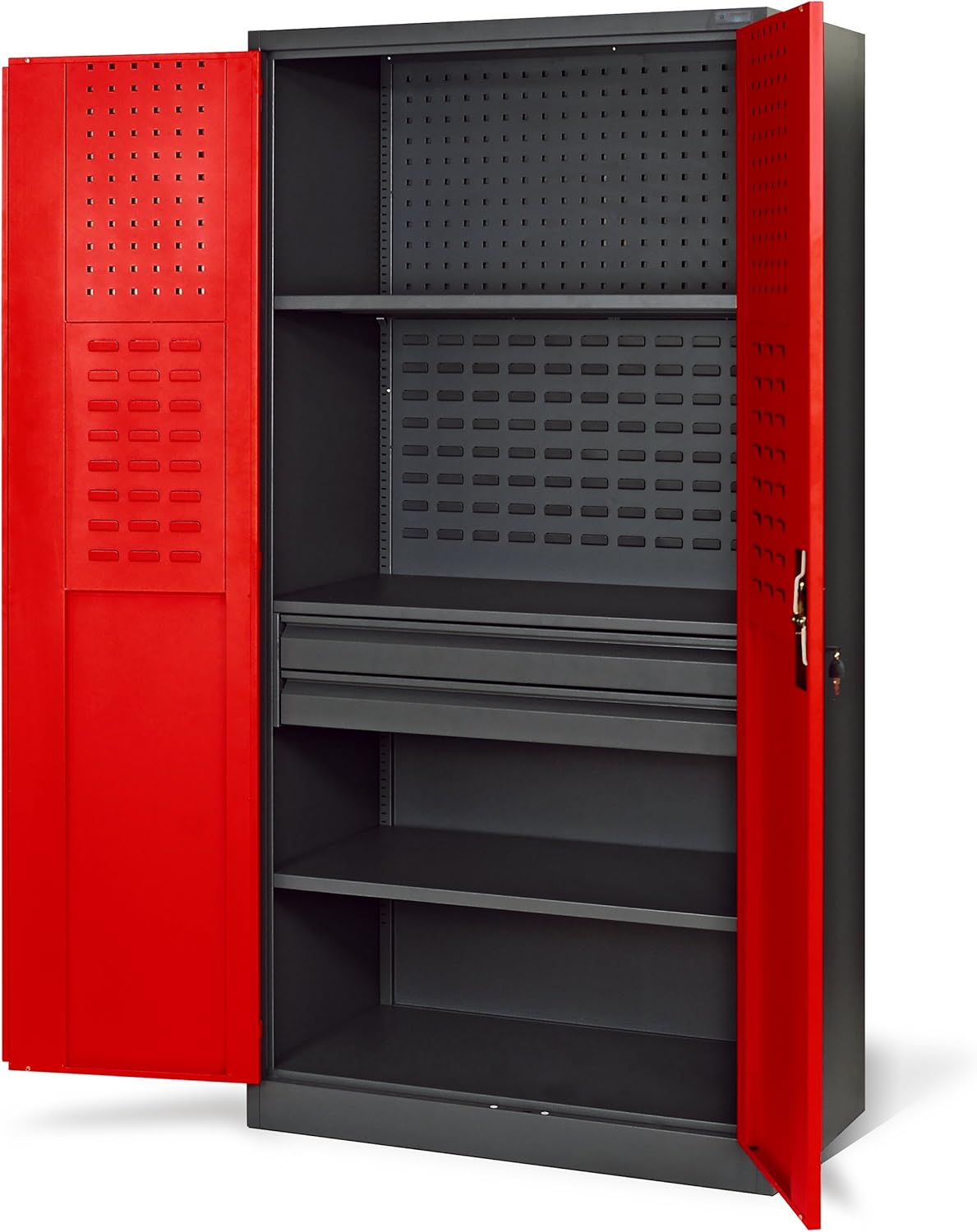 Jan Nowak Armoire à Outils TC02AM Armoire Meuble d'atelier avec 2 Tiroirs Portes battantes 3 étagères Peinture en Poudre 185 cm x 92 cm x 50 cm Anthracite-Rouge-Doviaastudio