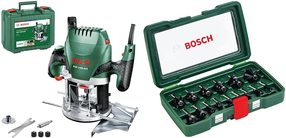 Bosch Défonceuse - POF 1400 ACE - 1400W avec régulation électronique, réglage de la profondeur de fraisage et éclairage + 15 pièces Ensemble de fraises au carbure pour le bois, emmanchement diamètre 1/4"-Doviaastudio