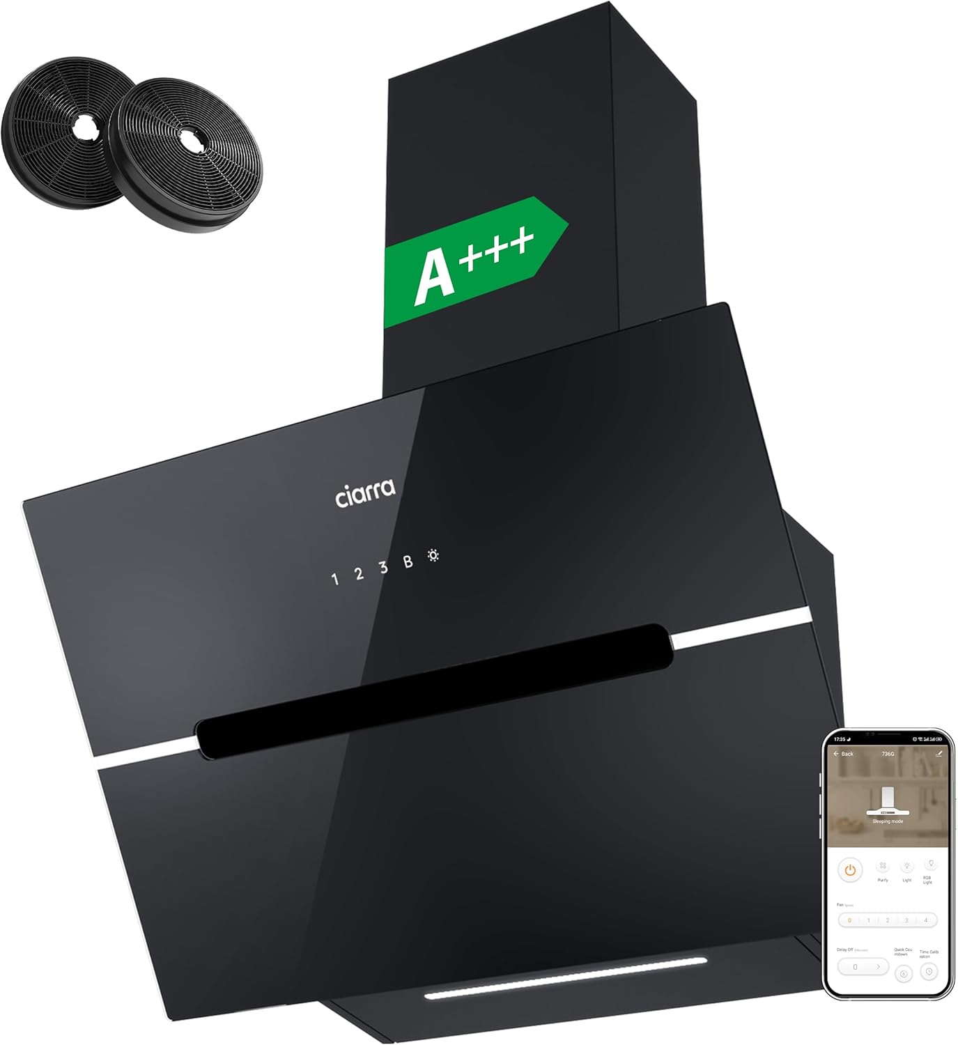 Ciarra CBCB6736F Classe A+++ Hotte Aspirante Inclinée 60cm - 650m3/h - Commande Tactile et Wi-Fi - Fonction Boost - Design en Verre Élégant - Noir-Doviaastudio