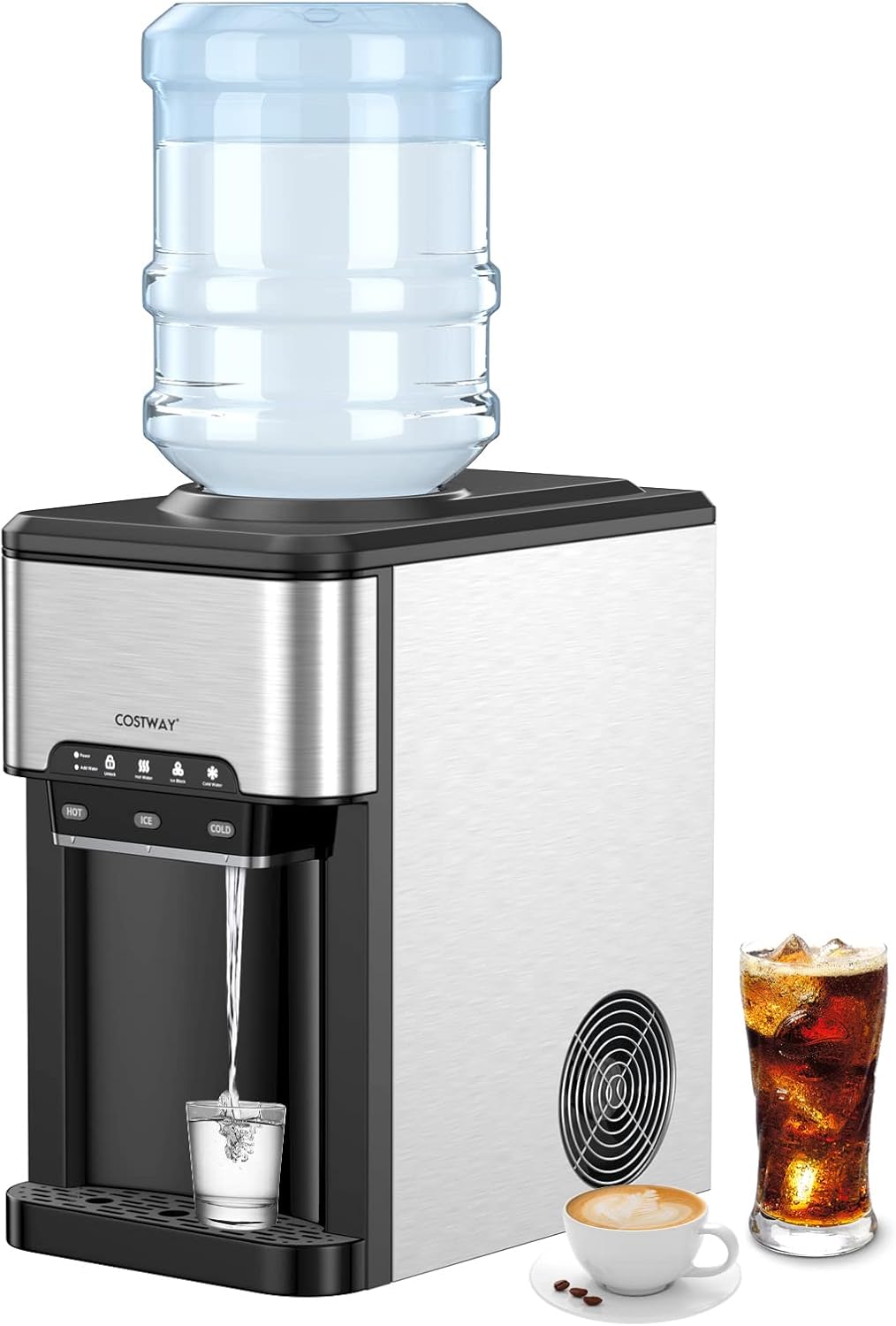 COSTWAY 3 en 1 Machine à Glaçons avec Fontaine à Eau Bonbonne Froide/Chaude, en Acier Inoxydable, 19 kg en 24h, Capacité de 1,5 L, Préparation Rapide en 6-13 Min, Ice Maker Facile à Nettoyer, Noir-Doviaastudio