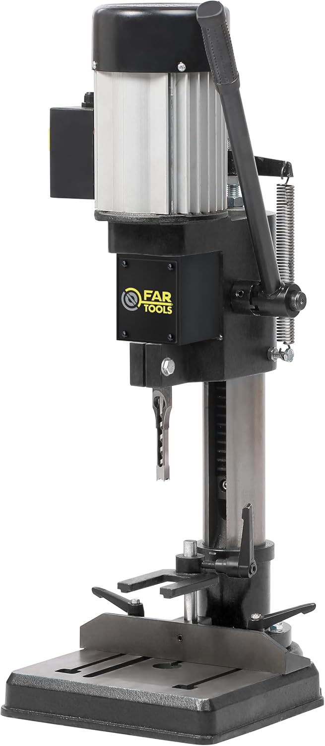 Fartools Mortaiseuse 370W, vitesse 1400tr/min, course de 0-76mm, broche diamètre 13mmB16, table 150x340mm, mécanisme crémaillère, bâti en fonte et acier-Doviaastudio