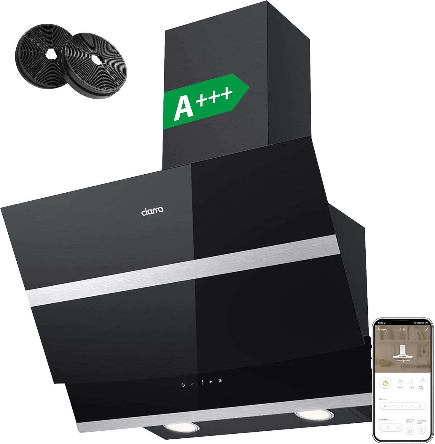 CIARRA ASB6736N Hotte Aspirante Class A+++ 60cm 650 m3/h - Hotte Inclinée pour Cuisine - Filtre à Charbon Inclus - WIFI et Commande Tactile - 4 Vitesses - Lumière LED - Recyclage et Evacuation - Noire-Doviaastudio