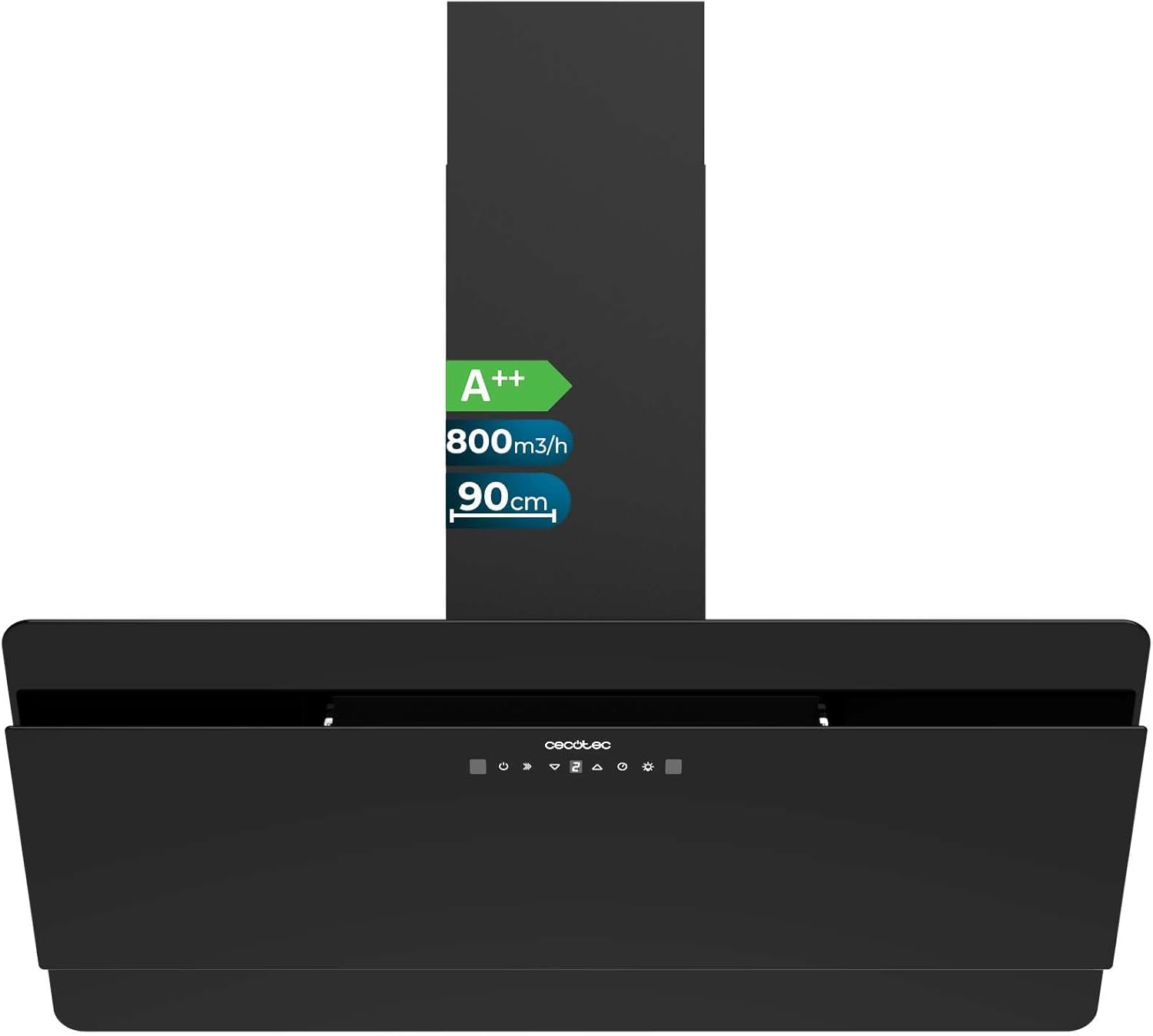Cecotec Hotte aspirante Bolero Flux DT 908000 Glass Black A++ 90 cm, façade en verre noir, 800m3/h, 210W, A++, éclairage LED, contrôle tactile, 3 niveaux + Booster, filtre charbon.-Doviaastudio