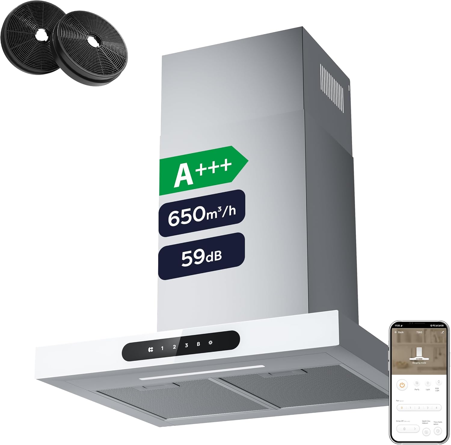 Ciarra Hotte Décorative Class A+++ 60cm 650m3/h Tactile et WiFi Connectée 4 VitessesetFonction Boost avec Filtre Charbon Affichage Numérique Recyclage ou Evacuation Blanche CBCW6102-Doviaastudio
