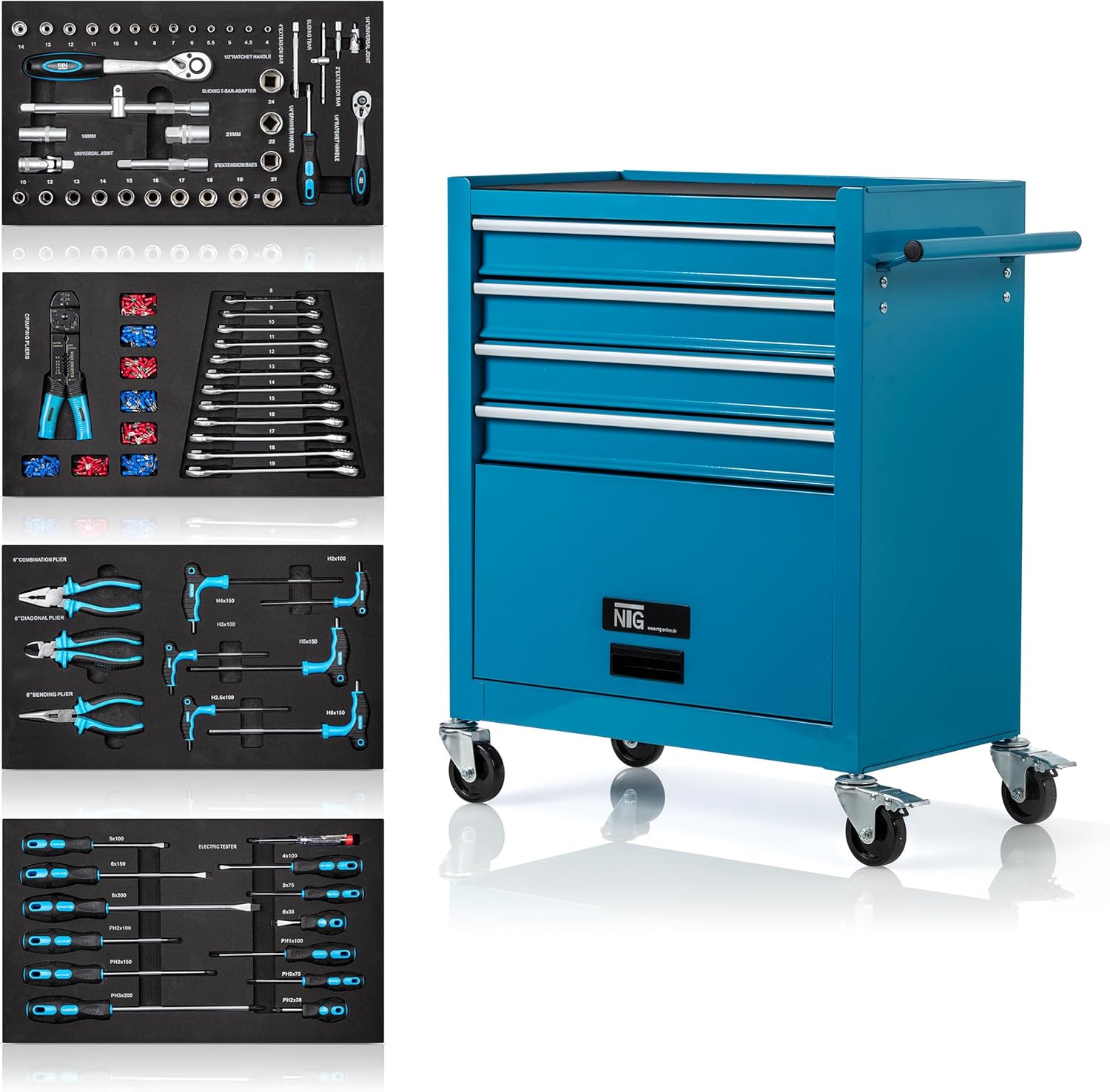 NTG Chariot d'atelier avec Outils 70 pièces - 4 tiroirs + Grand Compartiment - tiroirs sur roulements à Billes - sécurité de Transport - 2 roulettes avec Frein de stationnement - Chariot à Outils-Doviaastudio