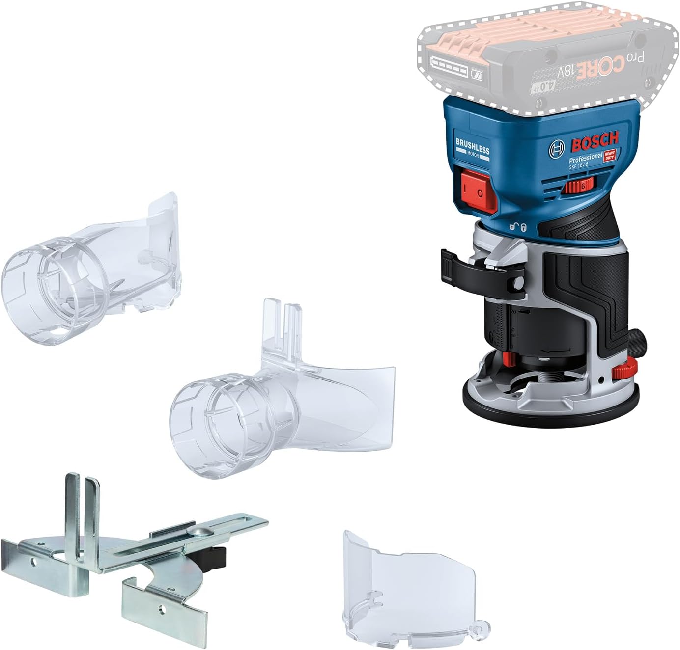 Bosch Professional 18V System Défonceuse portative GKF 18V-8 butée longitudinale, 2x adaptateurs d'aspiration pour surfaçage, écran de protection, pince 8 mm, clé, sans batterie/chargeur-Doviaastudio