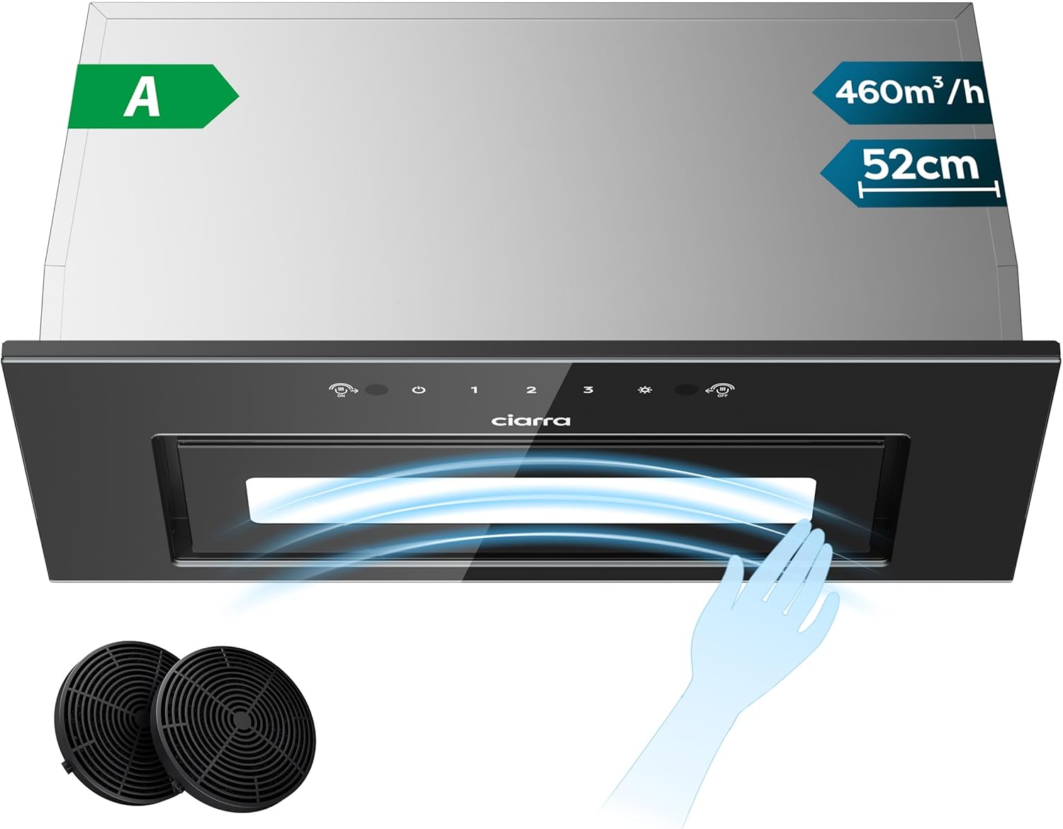 CIARRA CBCB5931B Hotte Aspirante Encastrée 52cm - Contrôle Gestuel et Tactile - 460 m3/h - 3 Vitesses - Hotte Intégrée Noire avec Filtre à Charbon CBCF055 - Évacuation/Recyclage - Classe A-Doviaastudio