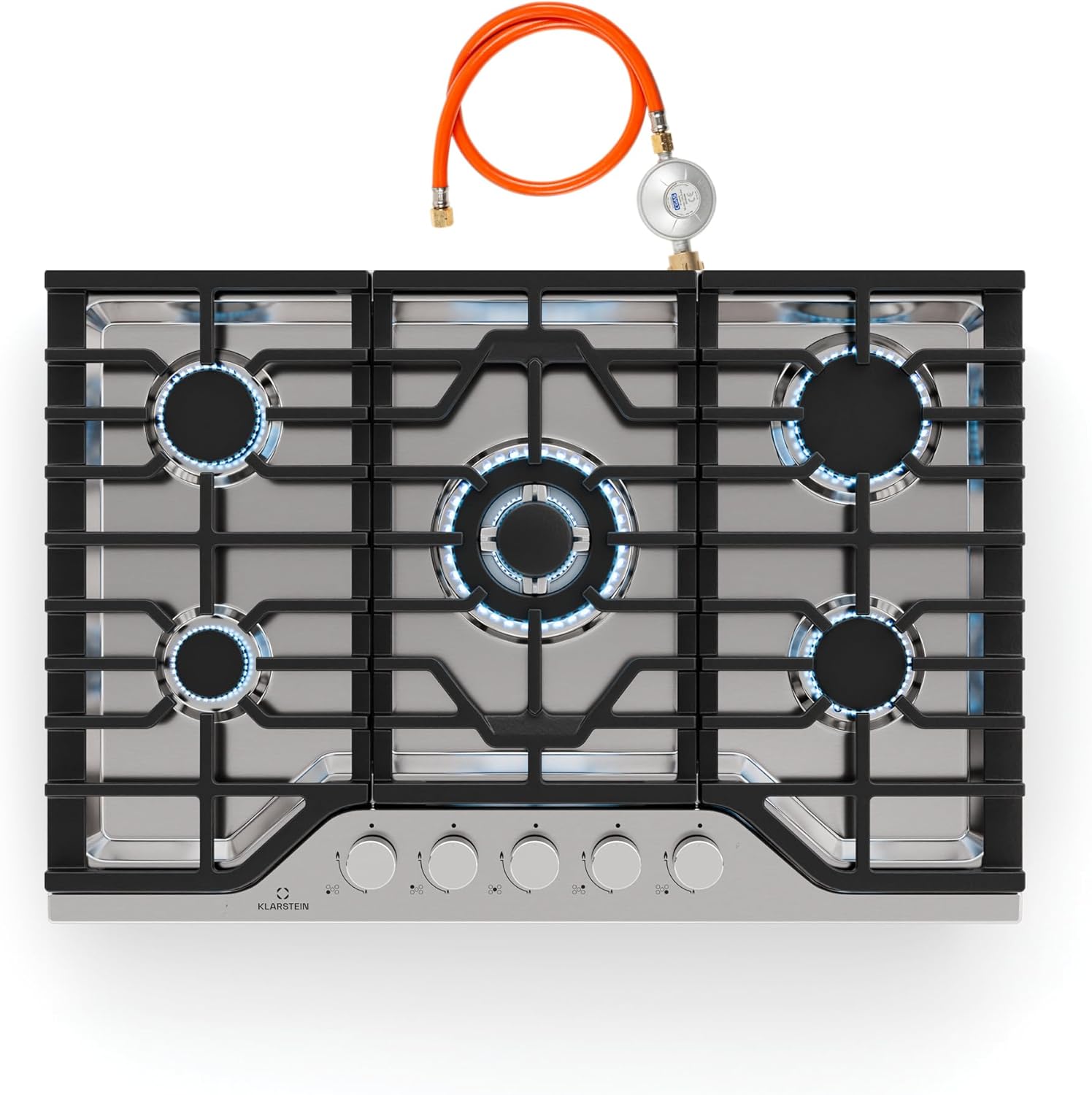 Klarstein Turbocast Plaque De Cuisson Gaz - 5 Brûleurs Inox 304, 3.4kW Wok, Allumage Électrique, Supports Fonte, Kit Conversion GPL, 750x500mm-Doviaastudio