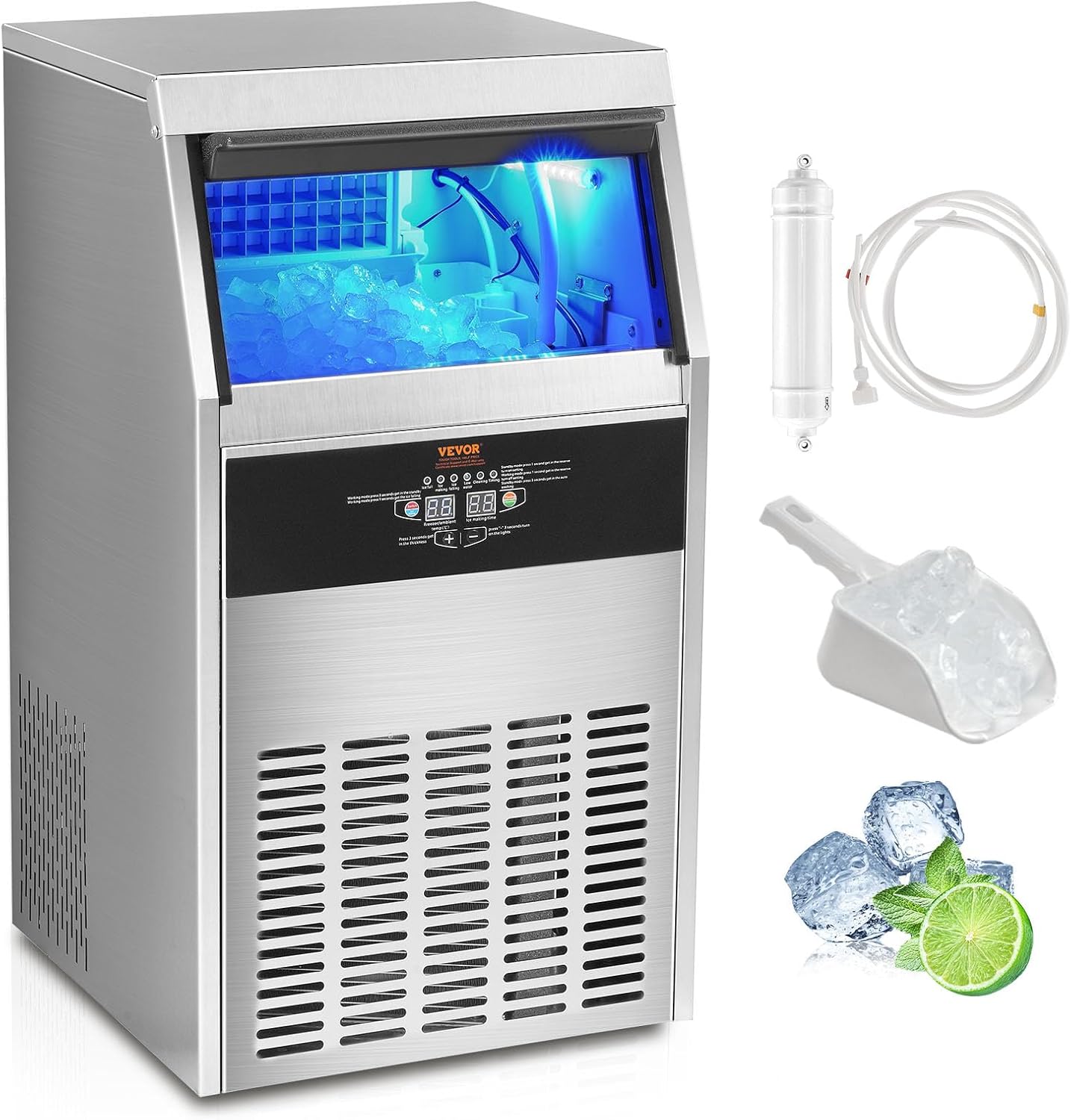 VEVOR Machine à Glaçons Commerciale 47 kg/24 h Appareil de Préparation de Glaçons 50 Bacs à Glaçons Capacité de Stockage 15 kg Nettoyage Auto sans Installation Autoportant pour Maison Restaurant Ba-Doviaastudio