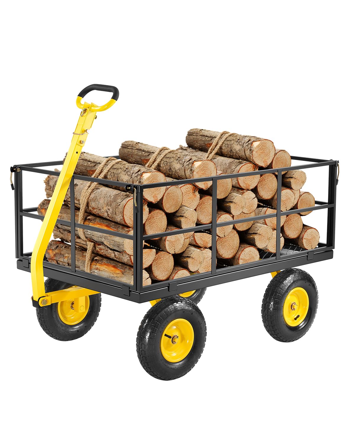 VEVOR Chariot de Jardin Transport, Charge 635,03 kg, Chariot Utilitaire Robuste Tractable Extérieur Métal 2 en 1 Pneus Tout-terrain 330 mm, Côtés Amovibles en Maille, Poignée Rotative 180°, Jaune Noir-Doviaastudio