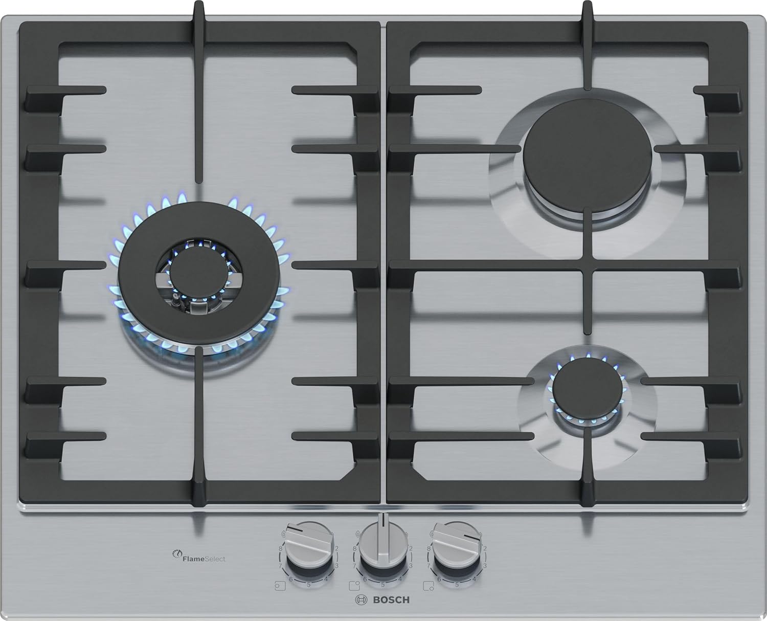 Bosch PCC6A5I90, Série 6, Plaque gaz, 3 feux, 60 cm, Inox-Doviaastudio