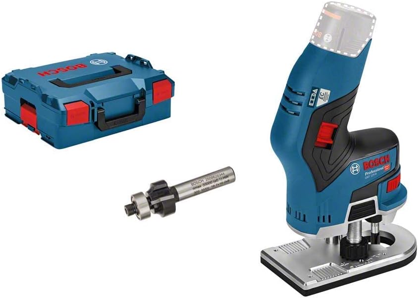 Bosch Professional 12V System affleureuse sans-fil GKF 12V-8 avec pince de serrage 8 mm, clé plate 17 mm, fraise à affleurer 9,5 x 25,4 mm, fraise à arrondir 3 mm, L-BOXX-Doviaastudio