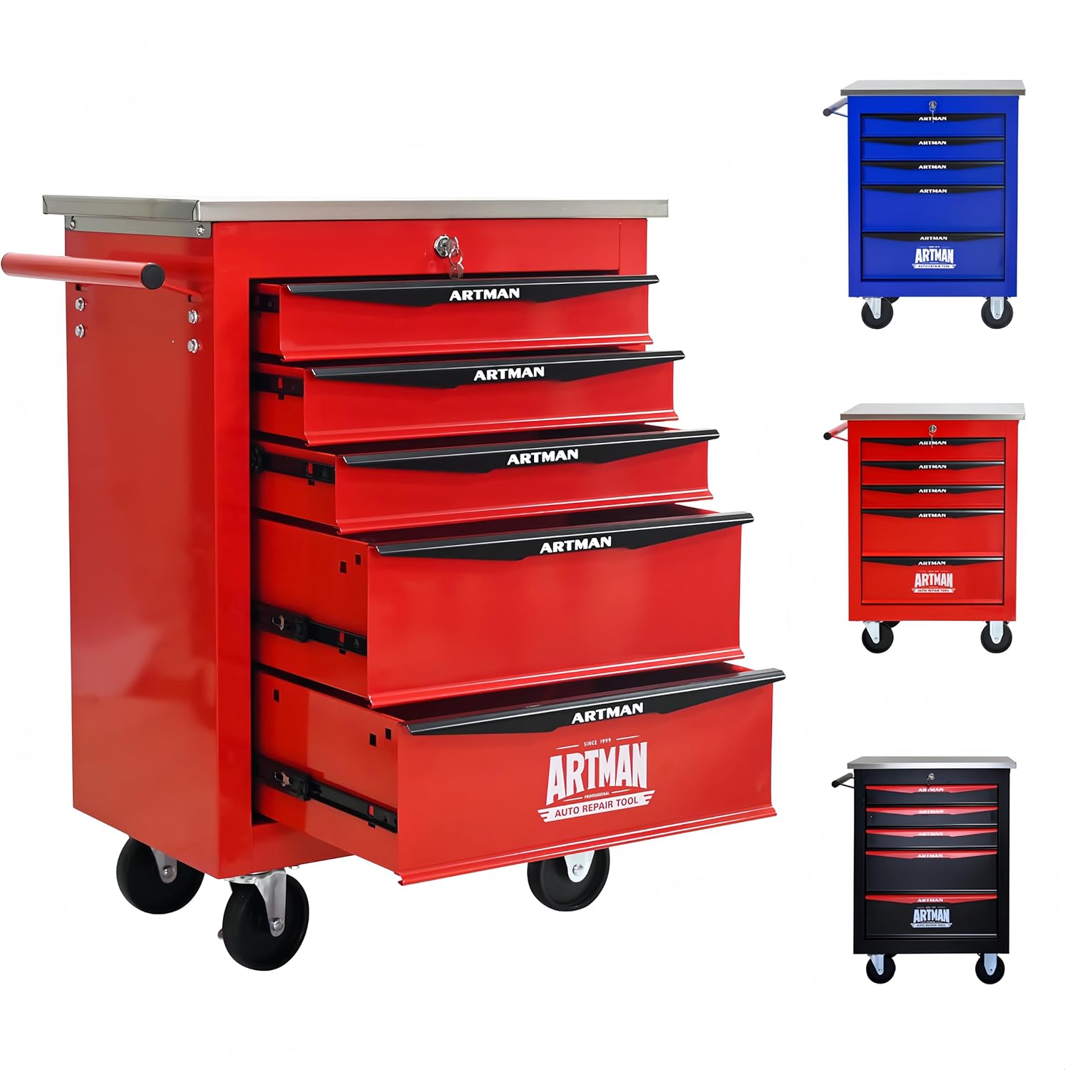 ELIHGTBY Servante d'Atelier Vide à 5 Tiroirs, Chariot d'Outils Robuste sur roulettes - Établi Mobile avec Verrouillage Centralisé, Armoire de Rangement pour Garage, Servante Atelier Rouge et Noir-Doviaastudio