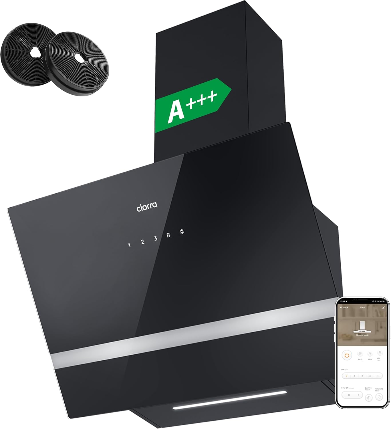 Ciarra CBCB6736H Hotte Aspirante Classe A+++ - Hotte Inclinée 60 cm 650m3/h - Filtre à Charbon Inclus - Wifi etCommande Tactile- 4 Vitesses avec Fonction Boost - LED Dimmable - Noir-Doviaastudio