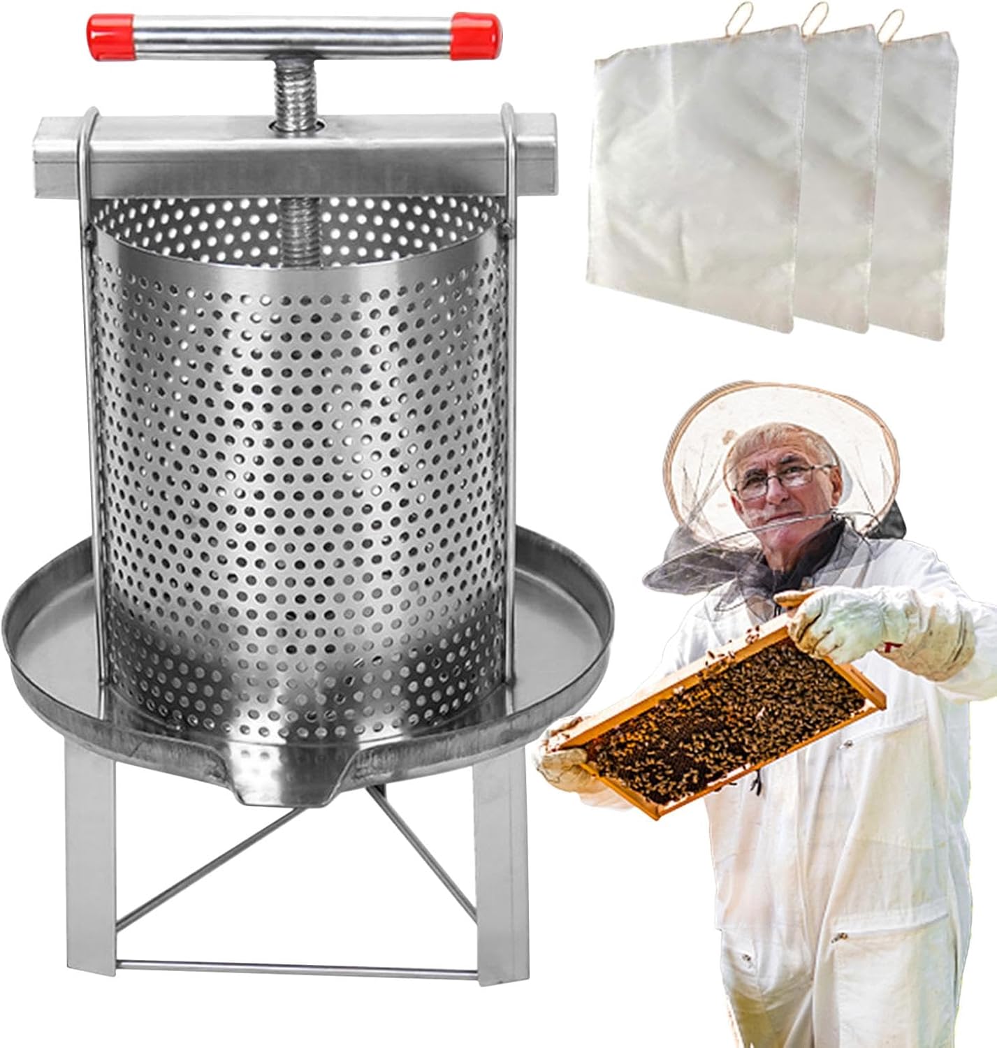 Essoreuse à miel avec 3 filtres à miel, presse-miel en acier inoxydable, équipement d'extraction manuelle du miel, séparateur de miel en acier inoxydable épais, pour miel, vin, cire de fruits-Doviaastudio