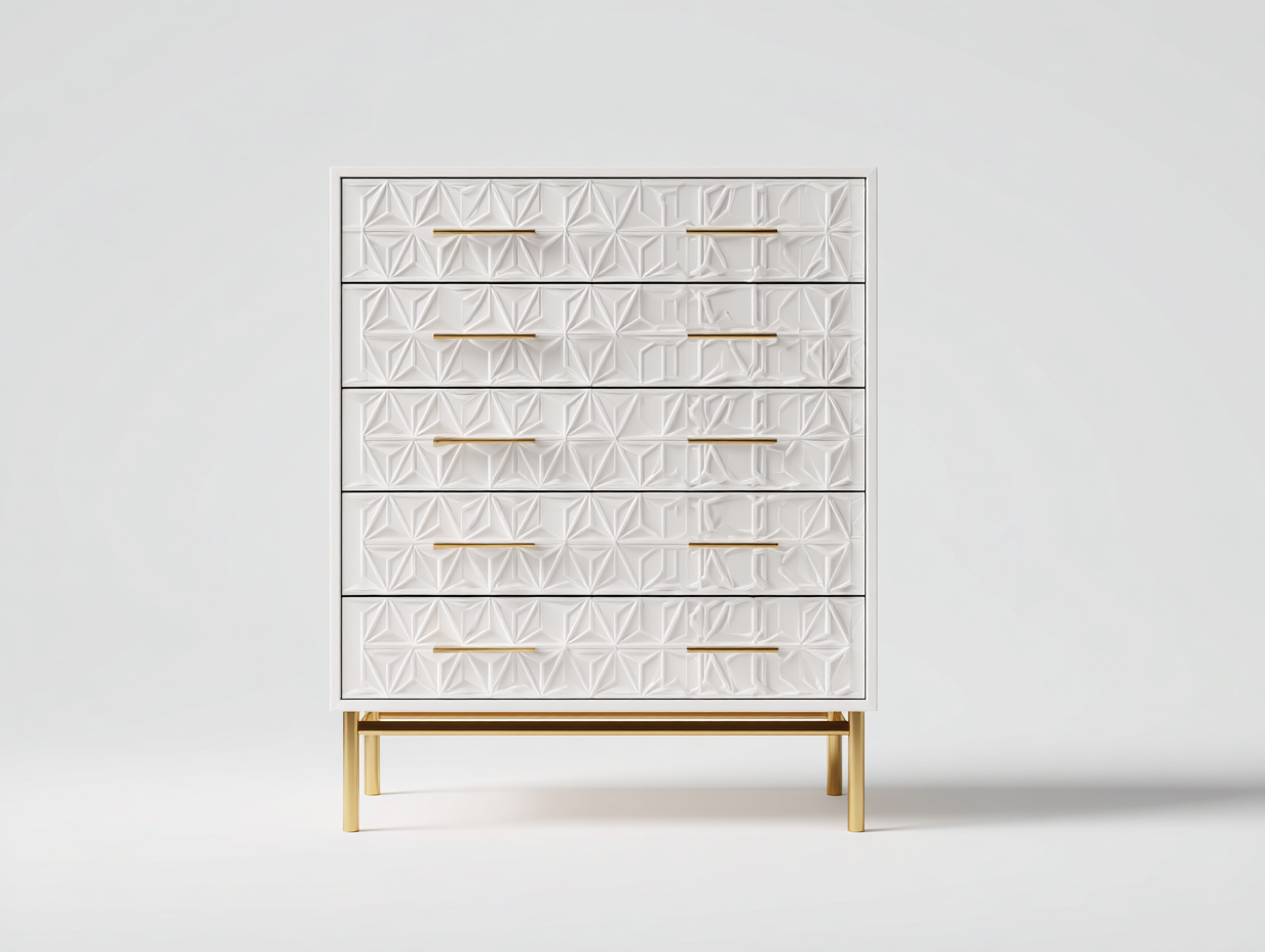 Commode de rangement- bois et MDF- 100x40x110 cm- blanc et doré- style moderne avec 5 tiroirs