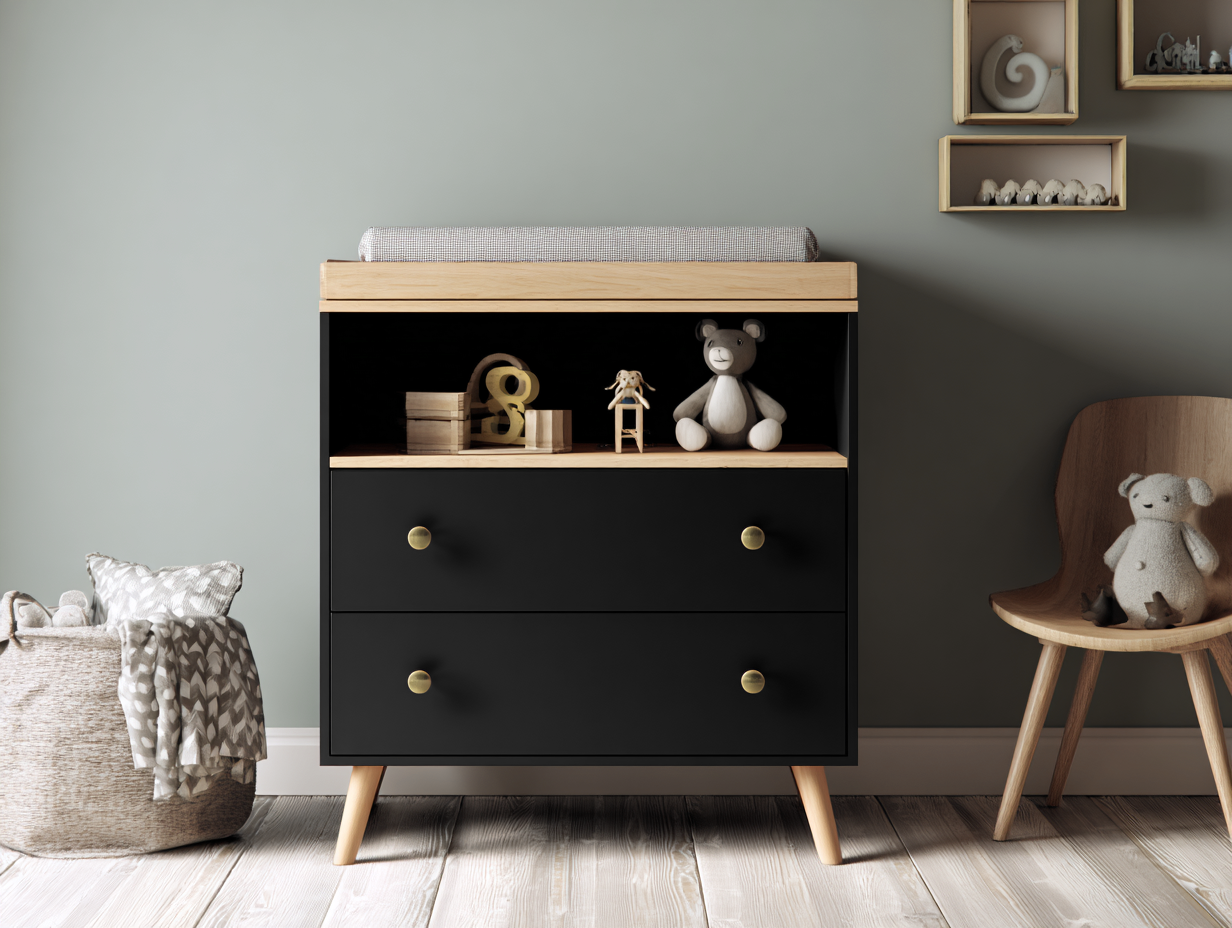 Commode de rangement- bois et MDF- 80x40x90 cm- noir et bois naturel- style moderne avec 2 tiroirs et étagère ouverte