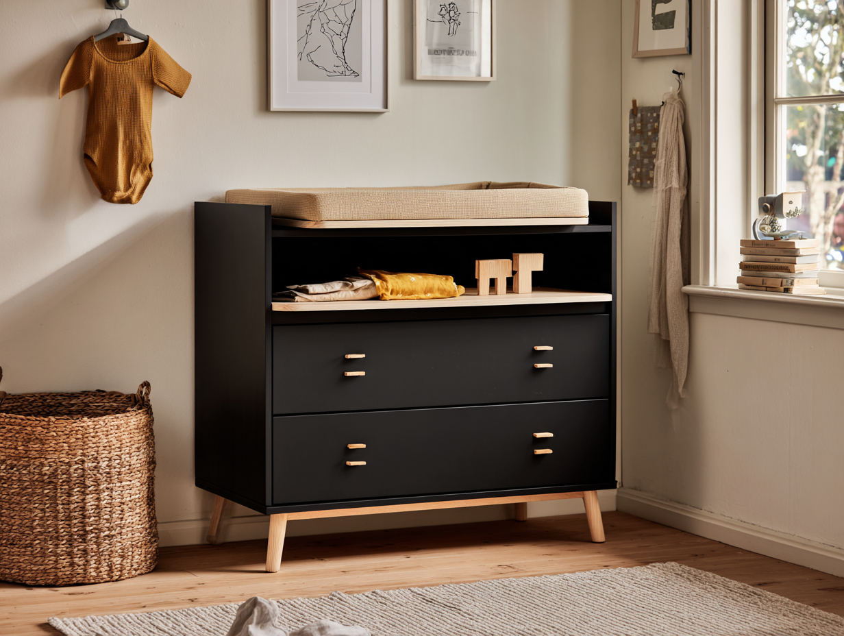 Commode avec espace de rangement-en bois-95x45x90 cm-noir et bois-chambre-style moderne