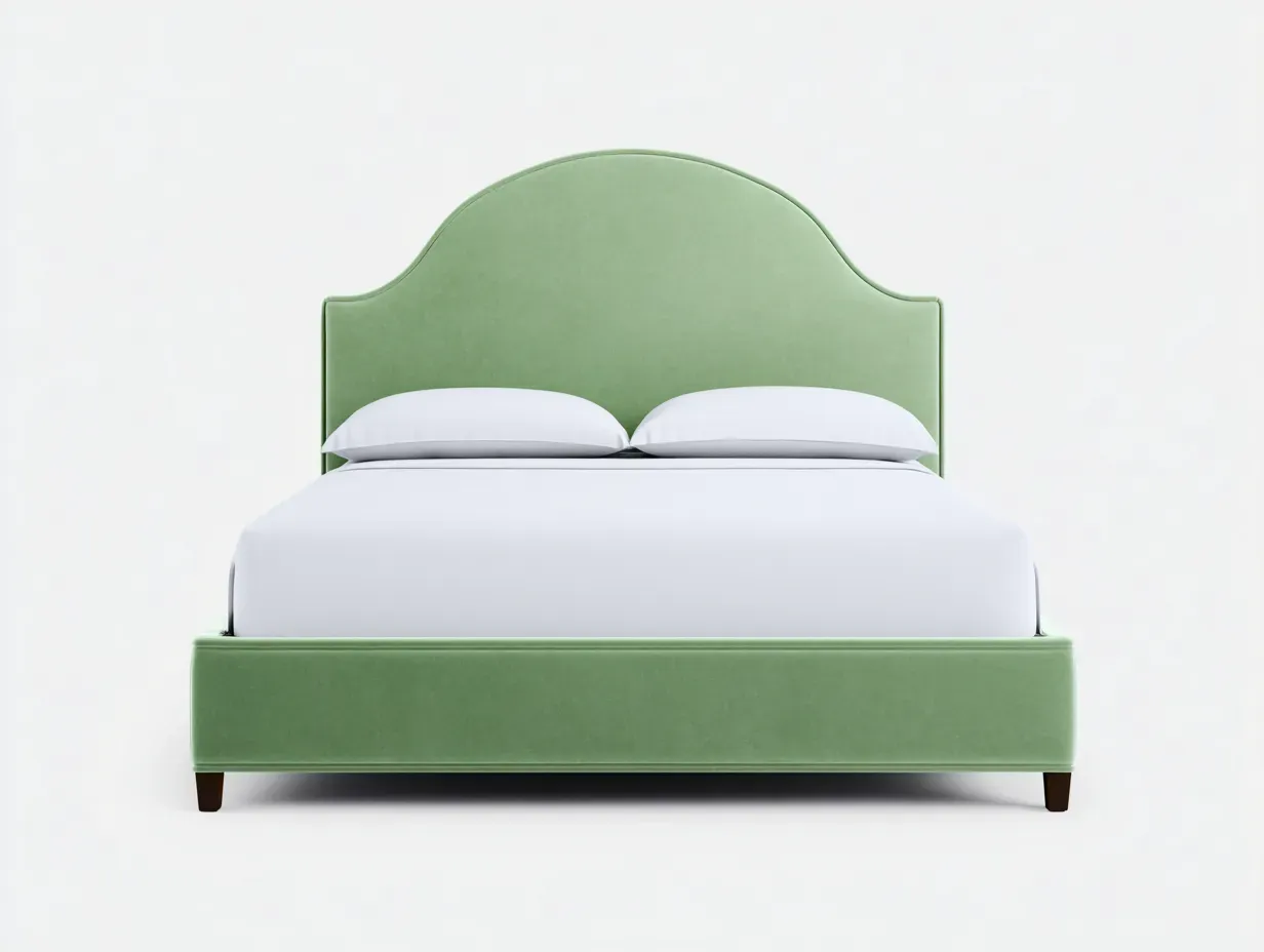 Doppelbett Polsterbett aus Samtstoff 200 x 180 x 125 cm - hellgrün - für das Schlafzimmer - mit geschwungenem Kopfteil-Sodirodecor