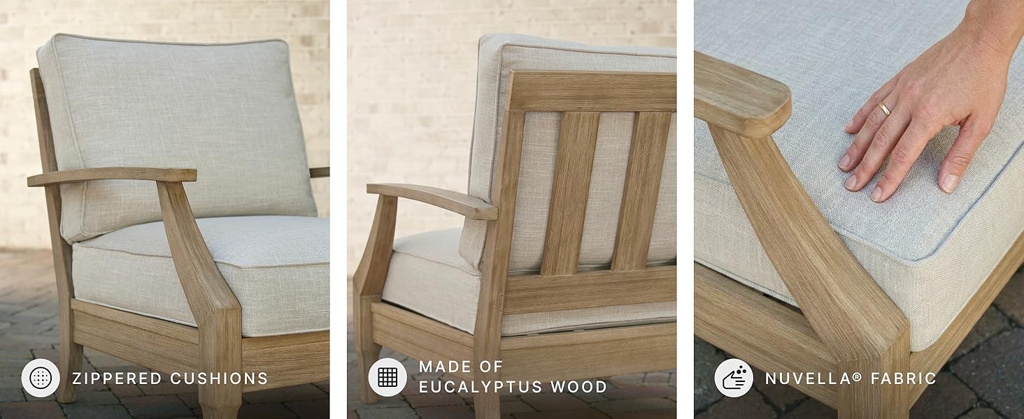 Outdoor porch armchair highlighting high-performing Nuvella outdoor cushions in neutral beige