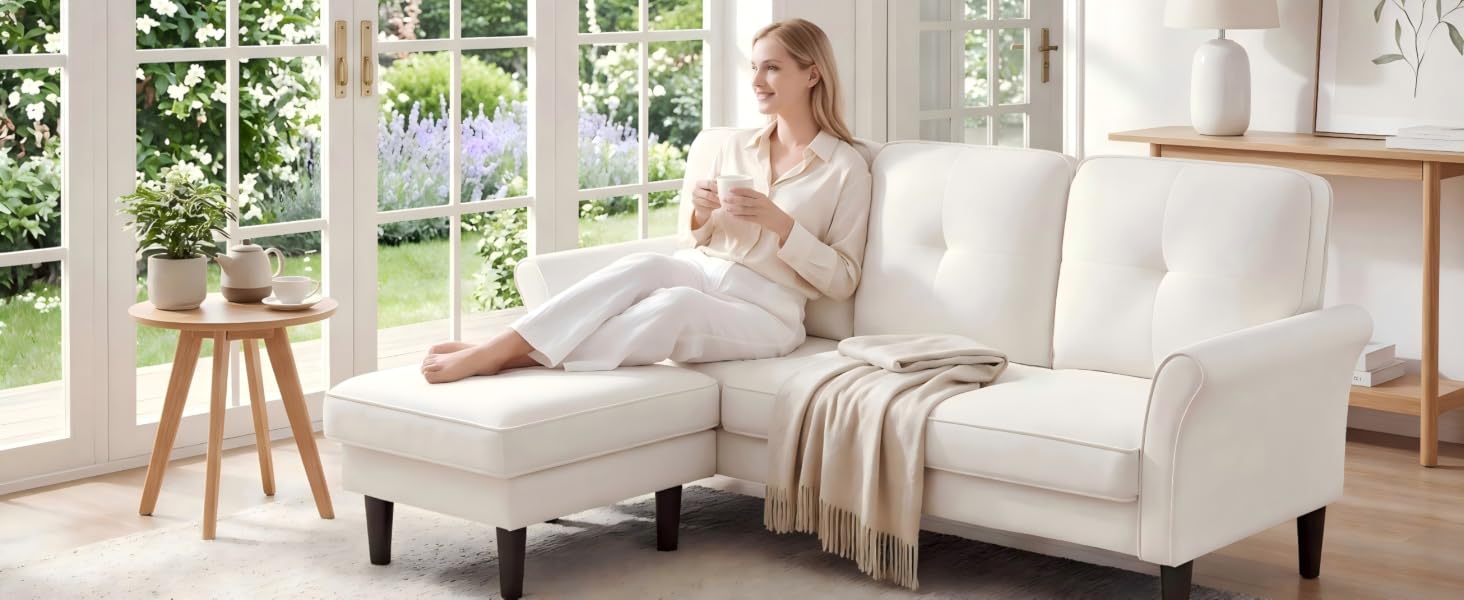 Couch with Ottoman, Small Sectional Couch Sofas for Living Room, Bedroom, Apartment, Office, Beige