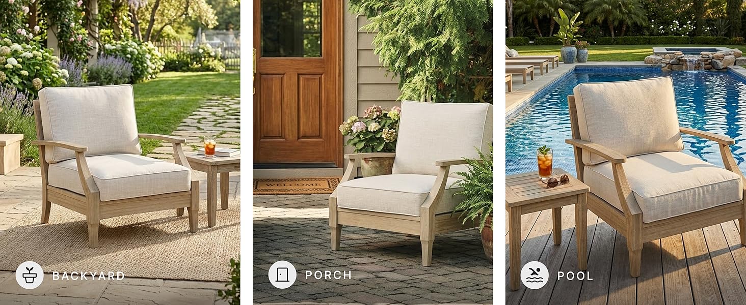 Cozy garden chat set seating focusing on tapered armrest touches and casual wood slat styling