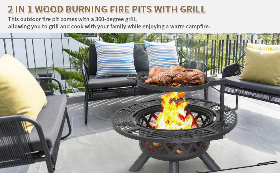 BALI OUTDOORS Game Day 2-in-1 Wood Burning Fire Pit with Removable Cooking Grill Black Ultra-Durable Iron Grate 360-Degree Rotation Adjustable Height for Heating and BBQ