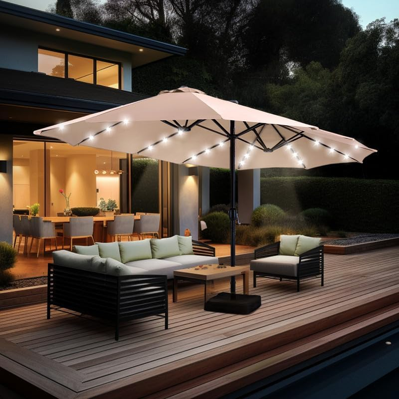 🎉Today's Special Value💝Only Today Buy 1 Get 1 Free💥GREEN PARTY 15 ft Rectangle Patio Umbrella with Solar Lights and Base Included