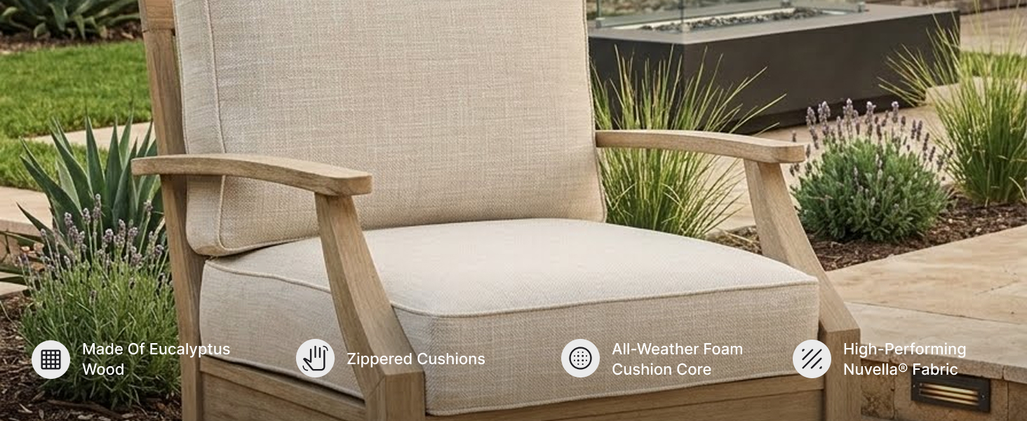 Backyard patio outdoor lounge chair featuring deep seating comfort in casual beige fabric