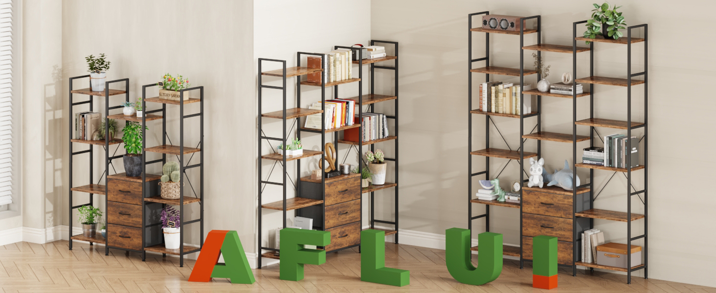 AFLUI Triple Bookshelf with 3 Fabric Drawers, 3 Sizes