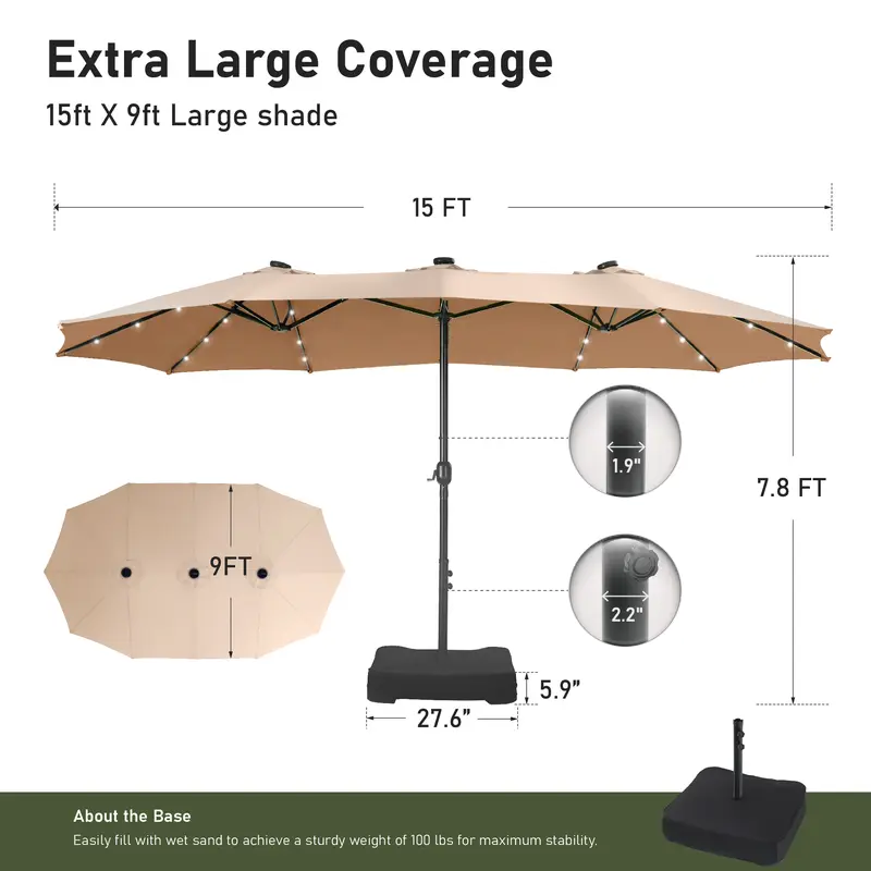 🎉Only Today Buy 1, Get 1 50% OFF💥  15 ft Rectangle Patio Umbrella with Solar Lights and Base Included