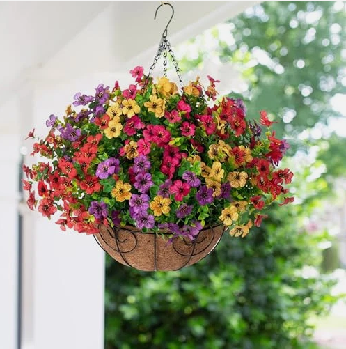 Artificial Faux Hanging Plants Flowers Basket for Summer Outdoor Outside