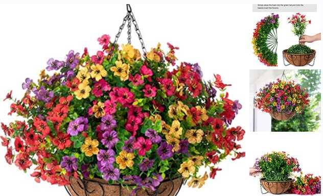 Artificial Faux Hanging Plants Flowers Basket for Summer Outdoor Outside