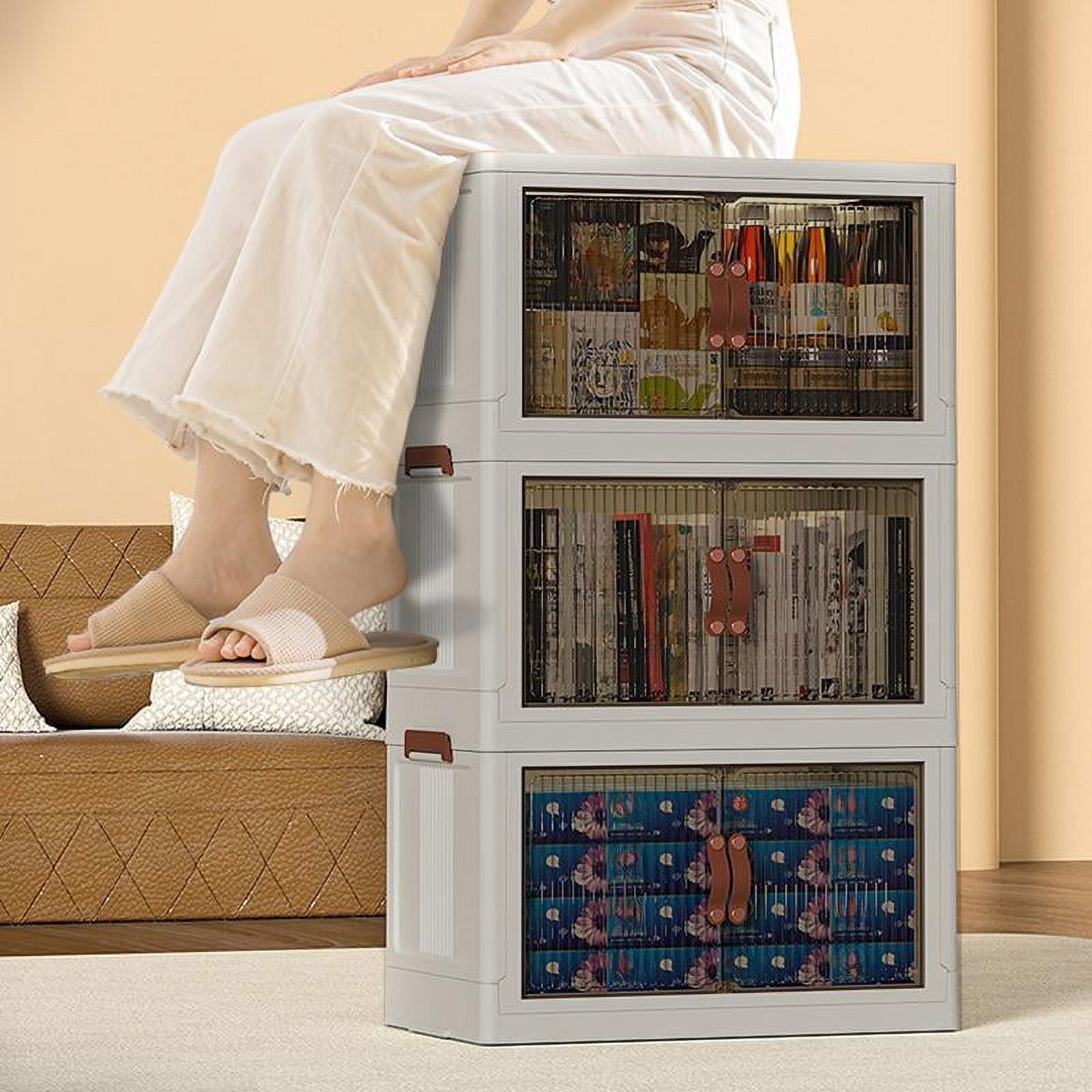 Foldable Storage Bins 128QT with Lid, Magnetic Doors & Lockable Wheels, Stackable storage Boxes for Living Room, Office, Kitchen, Dorm
