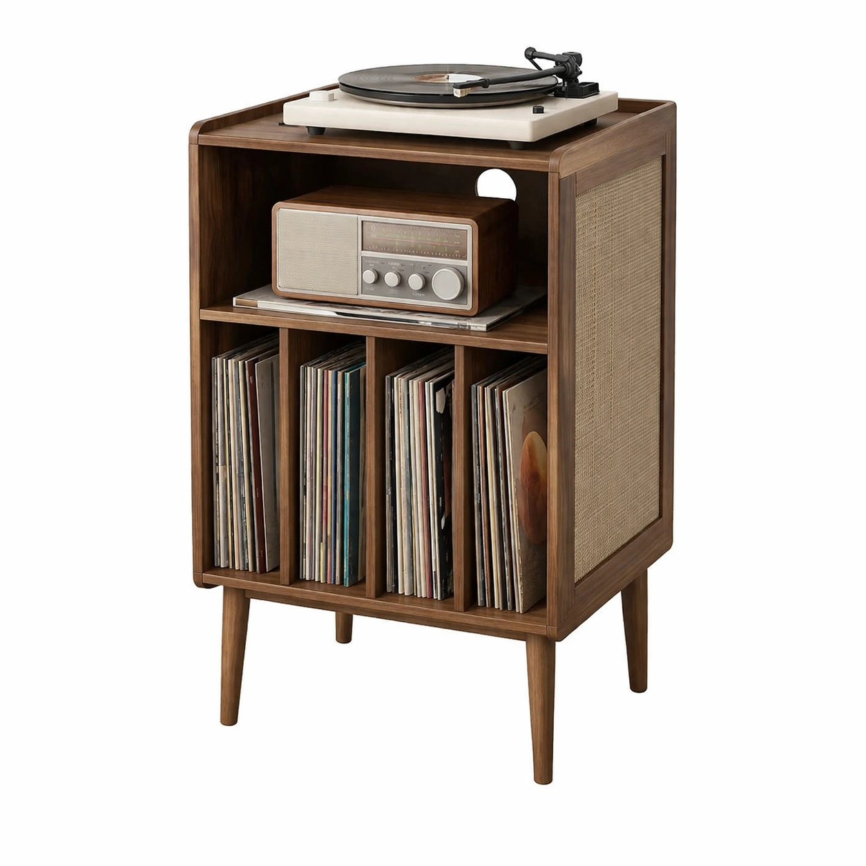 Aufbewahrungsschrank Vinyl Holz Braun mit Stoffseite Retro Regal 4 Faecher