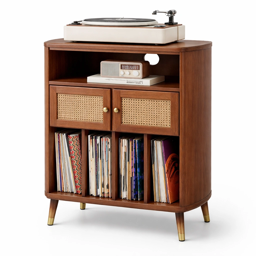 Aufbewahrungsschrank Vinyl Holz Braun mit Tueren Rattan Retro Regal