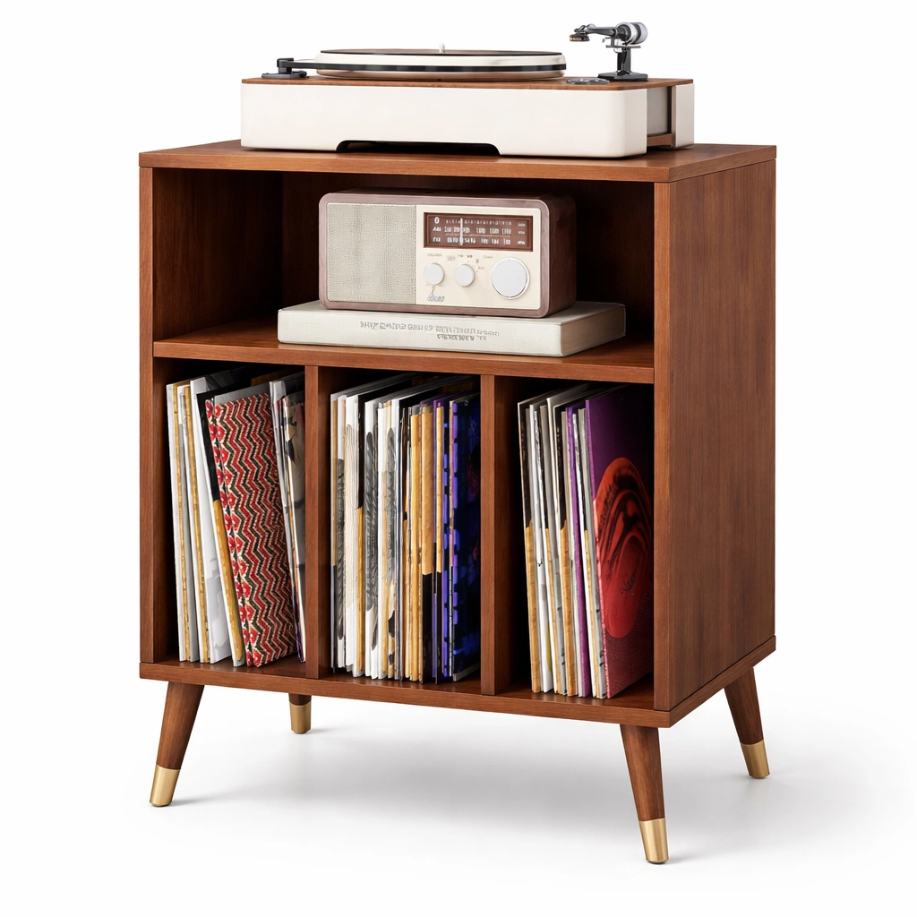 Aufbewahrungsschrank Vinyl Holz Braun Kompakt Retro Regal 4 Faecher