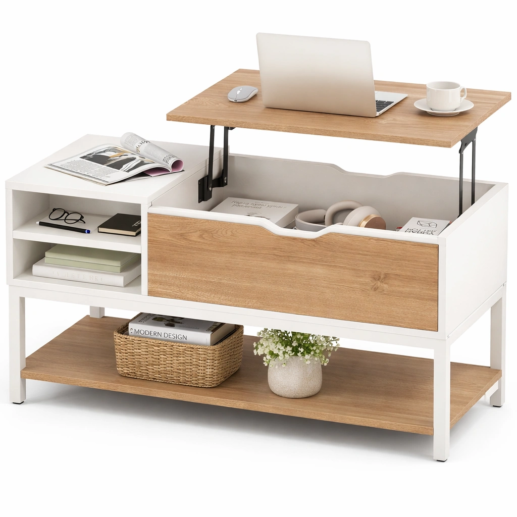 Couchtisch Holz Weiss Braun mit Stauraum Liftfunktion Wohnzimmertisch Modern